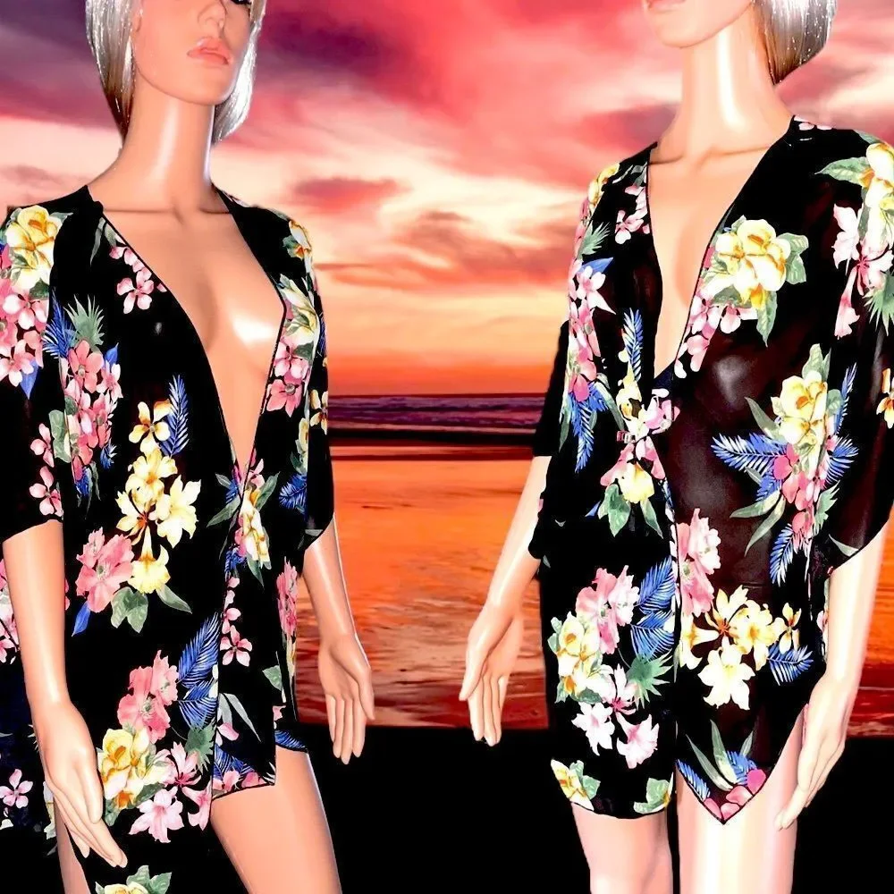 Emory Park l Black floral l Open Kimono l Sheer l Slitted l L l EUC